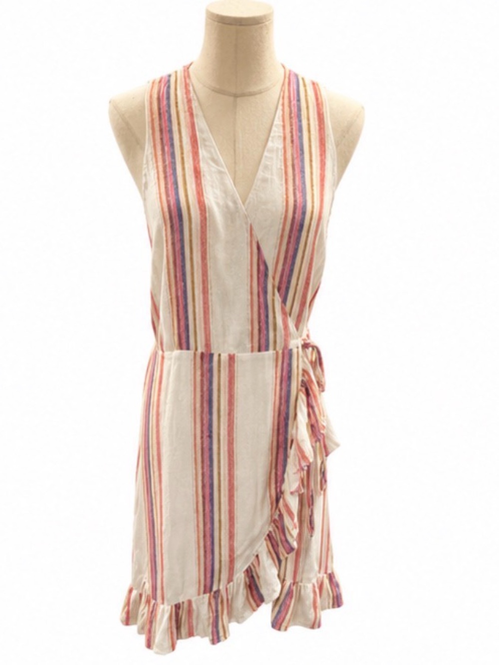 Rails Madison Jewel Stripe Linen Blend Wrap Dress Small Ruffle Hem Sleeveless